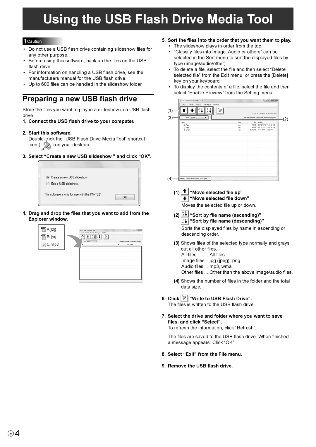 Sharp PN-T321 operation manual Using the USB Flash Drive Media Tool, Preparing a new USB flash drive 