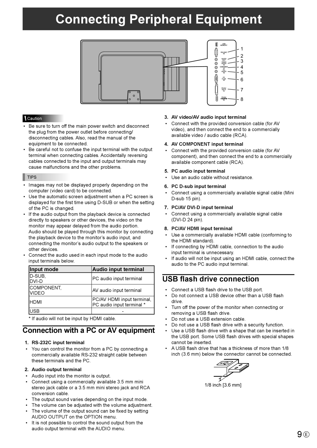 Sharp PN-T321 operation manual Connecting Peripheral Equipment, USB flash drive connection 