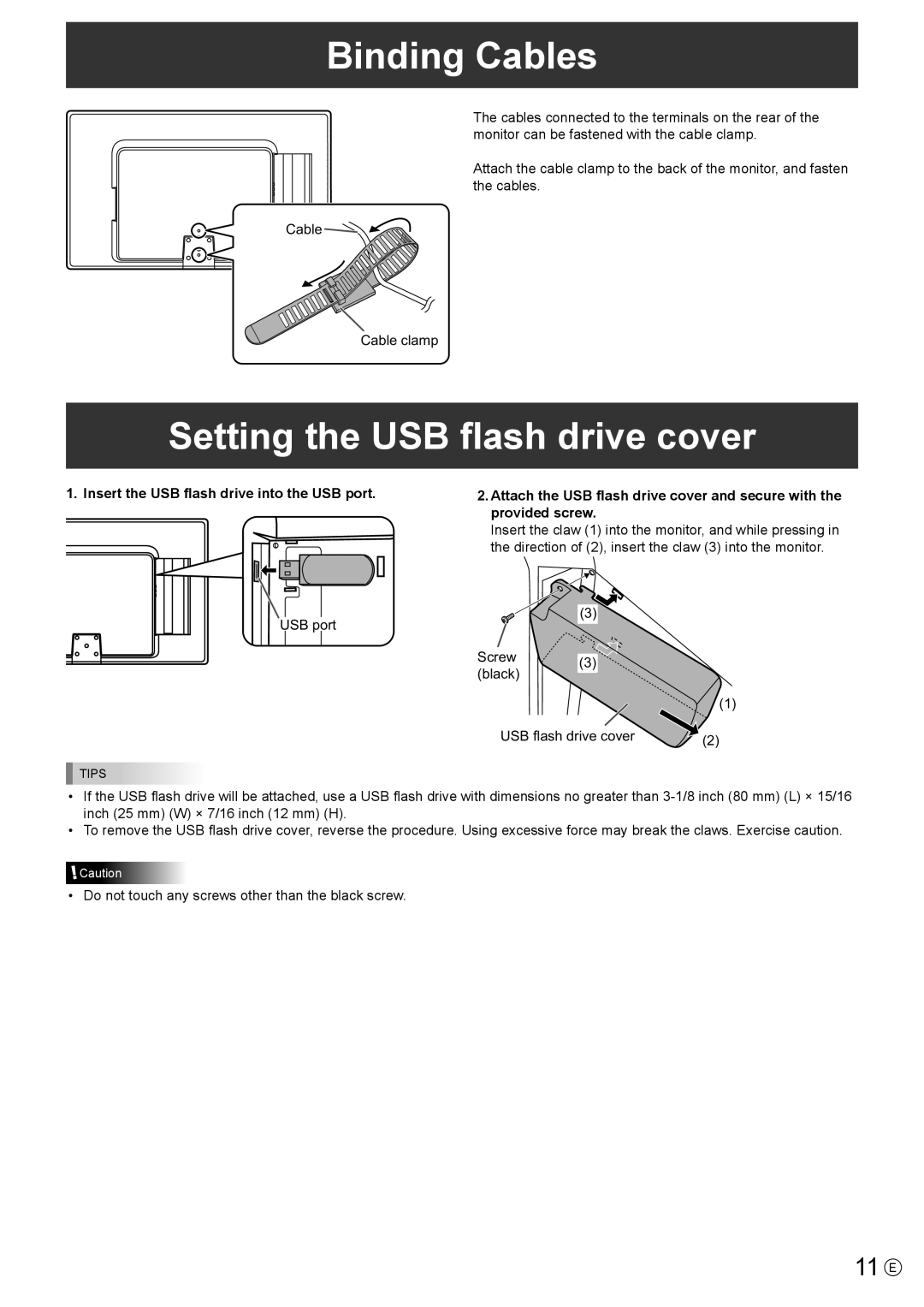 Sharp PN-T321 Binding Cables, Setting the USB flash drive cover, 11 E, Insert the USB flash drive into the USB port 