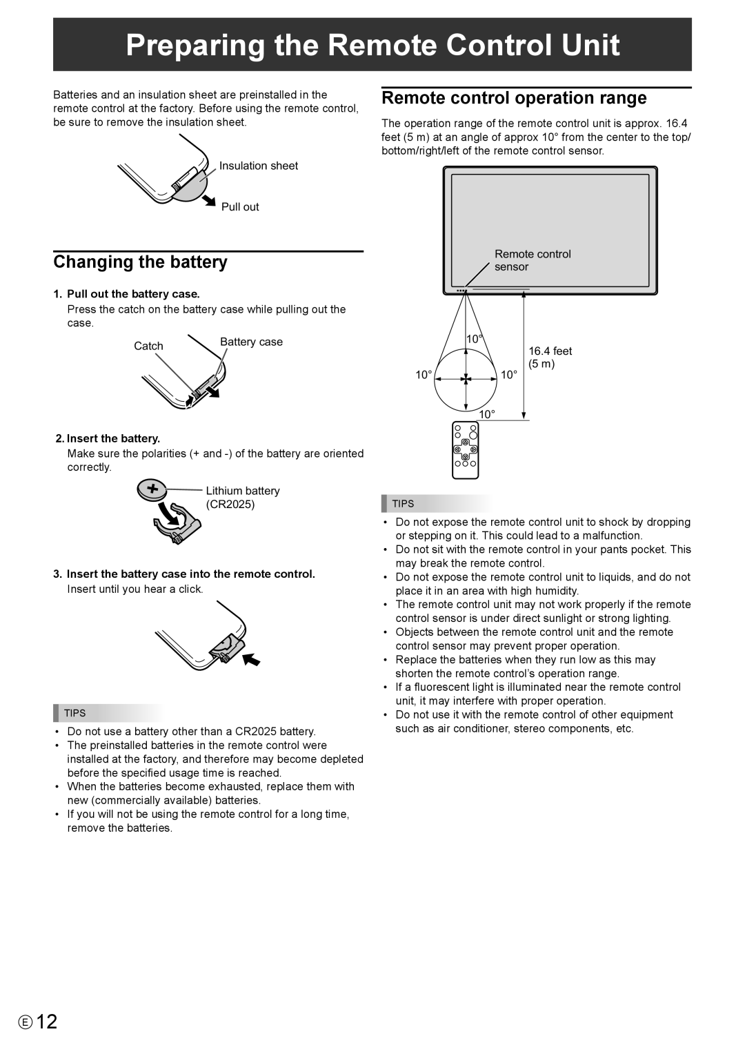 Sharp PN-T321 operation manual Preparing the Remote Control Unit, Changing the battery, Remote control operation range 