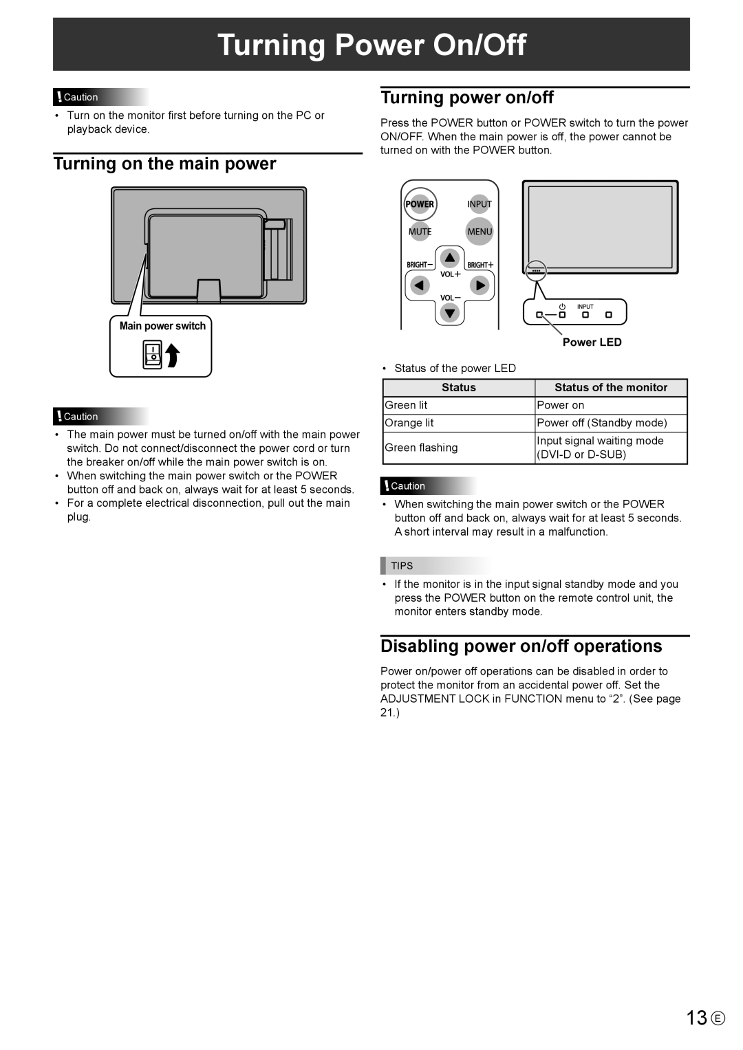 Sharp PN-T321 operation manual Turning Power On/Off, 13 E, Turning on the main power, Turning power on/off 