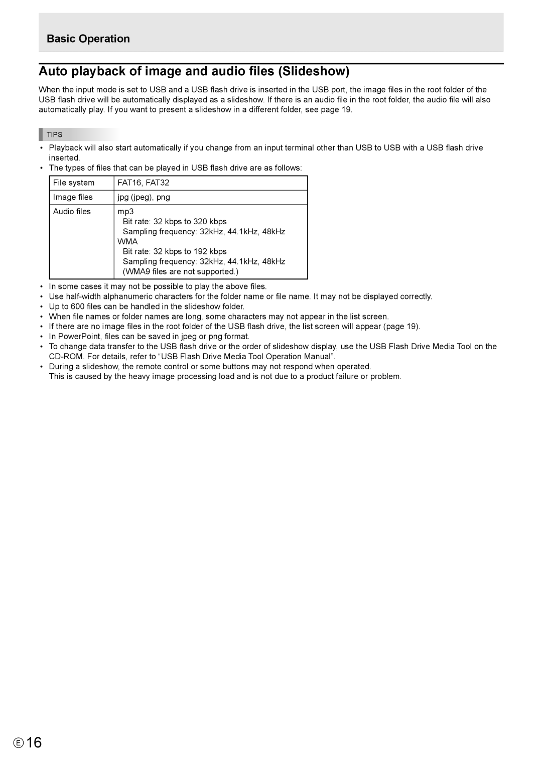 Sharp PN-T321 operation manual Auto playback of image and audio files Slideshow, Basic Operation 