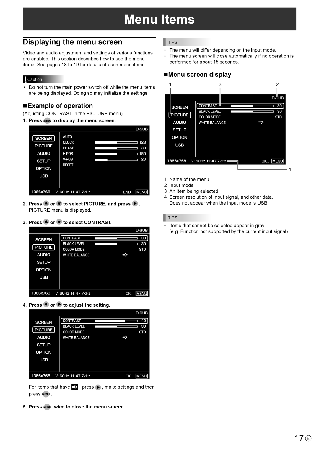 Sharp PN-T321 operation manual Menu Items, 17 E, Displaying the menu screen, NExample of operation, NMenu screen display 