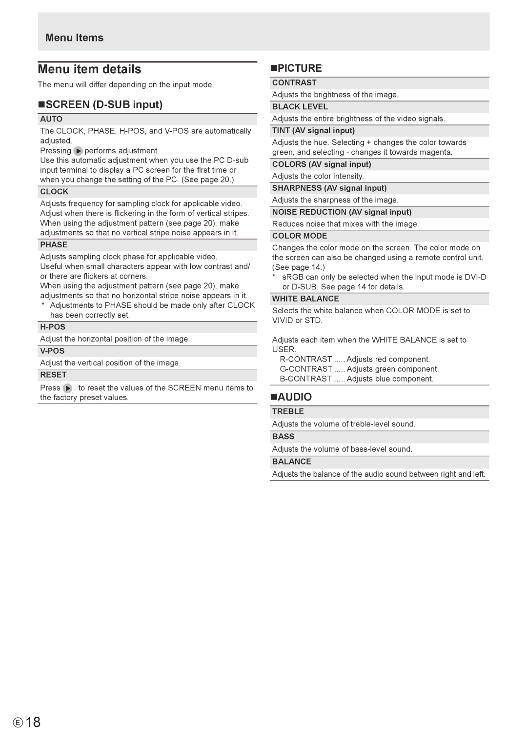 Sharp PN-T321 operation manual Menu item details, Menu Items, NSCREEN D-SUB input, Npicture, Naudio 