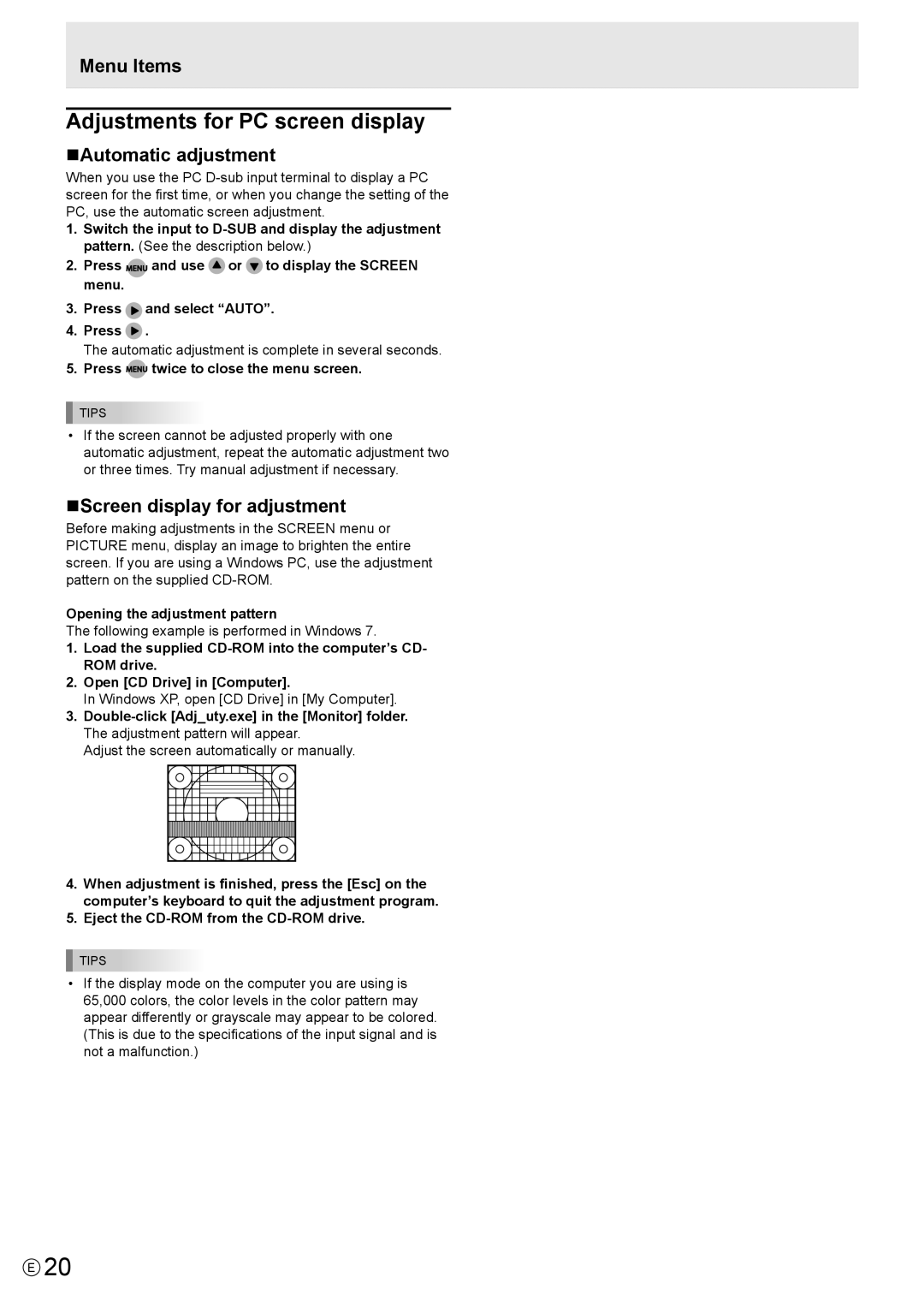 Sharp PN-T321 operation manual Adjustments for PC screen display, NAutomatic adjustment, NScreen display for adjustment 