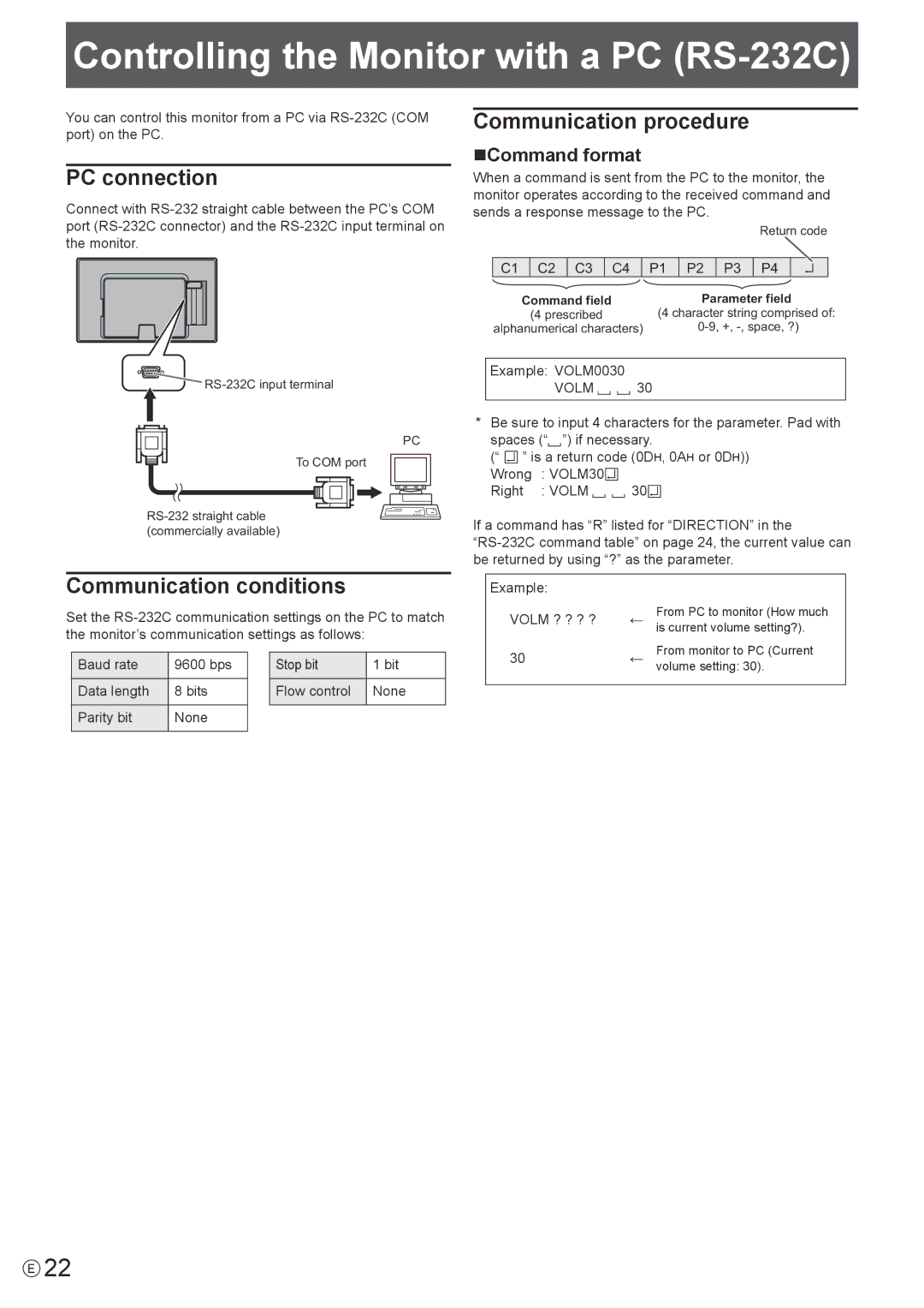 Sharp PN-T321 Controlling the Monitor with a PC RS-232C, PC connection, Communication procedure, Communication conditions 