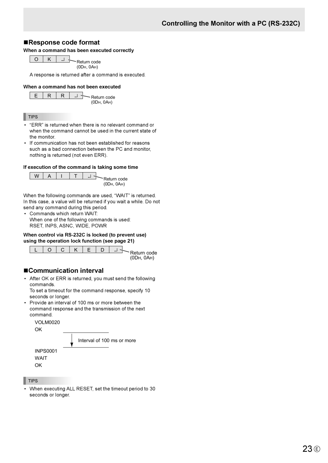 Sharp PN-T321 operation manual 23 E, NCommunication interval, When a command has been executed correctly 