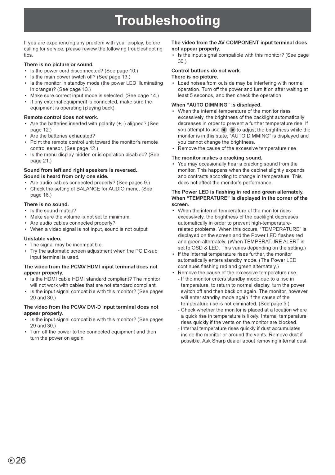 Sharp PN-T321 operation manual Troubleshooting 