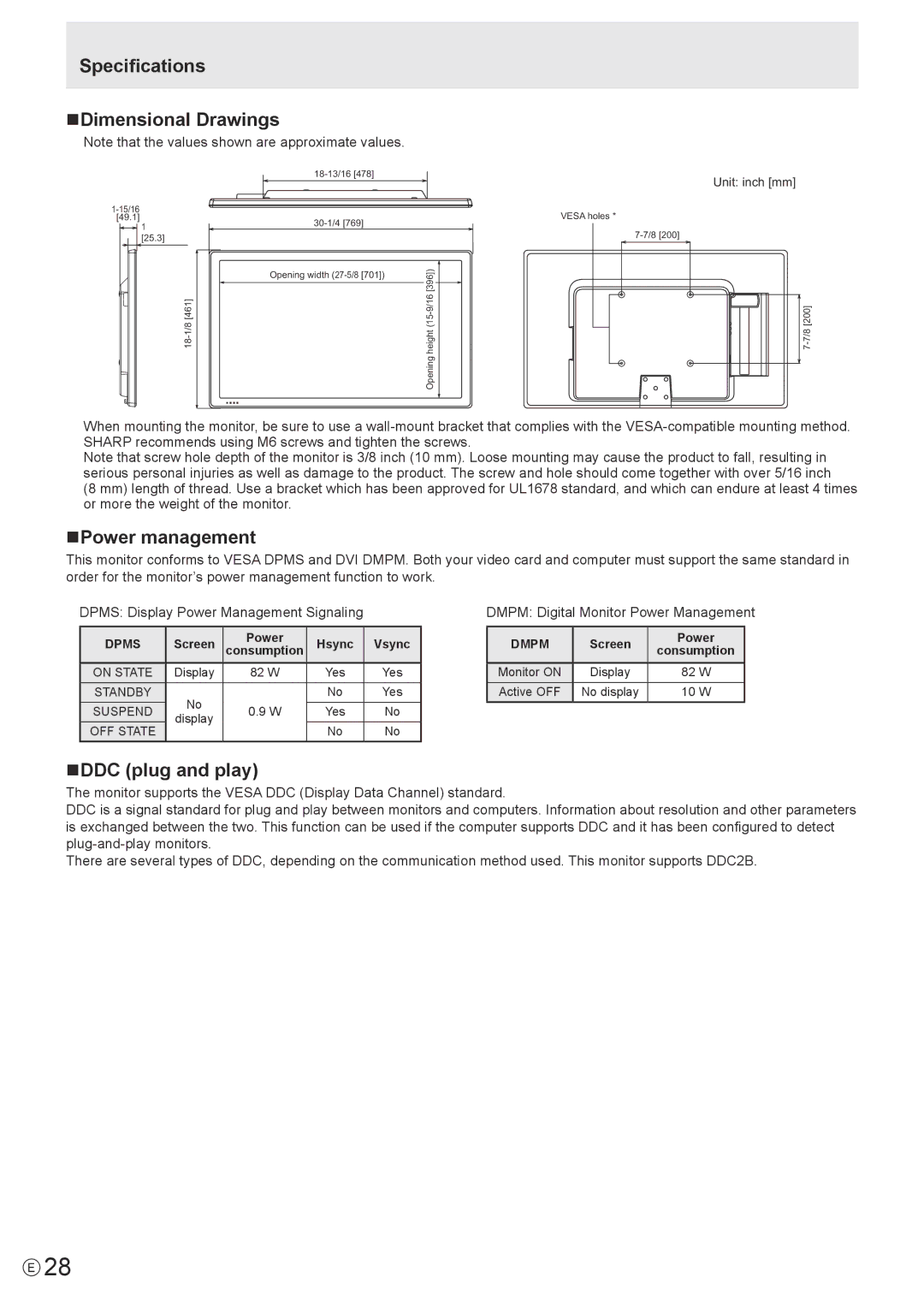 Sharp PN-T321 operation manual Specifications NDimensional Drawings, NPower management, NDDC plug and play 