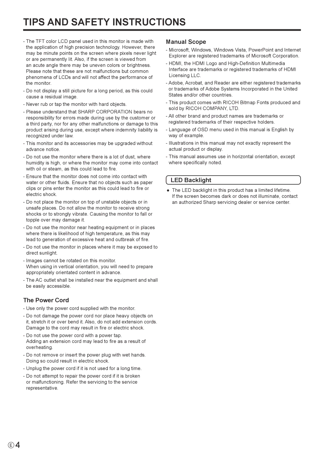 Sharp PN-T321 operation manual Tips and Safety Instructions 