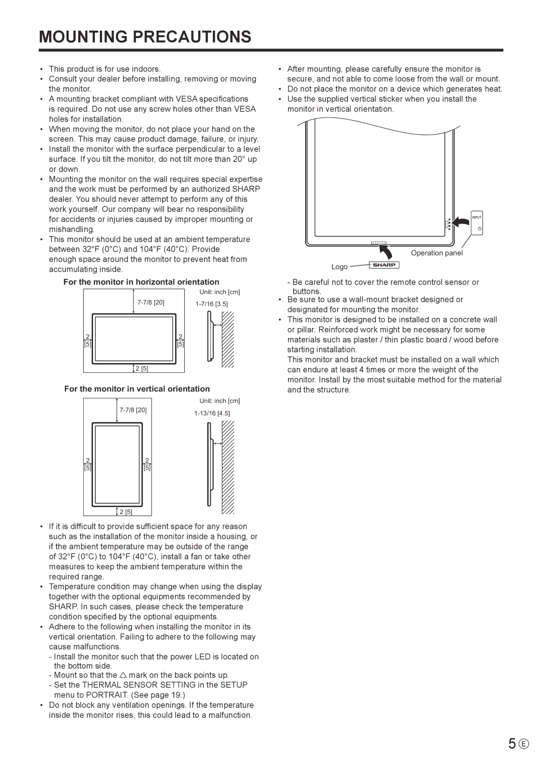 Sharp PN-T321 operation manual For the monitor in horizontal orientation, For the monitor in vertical orientation 