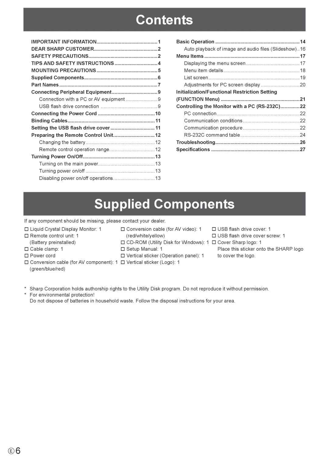Sharp PN-T321 operation manual Contents, Supplied Components 