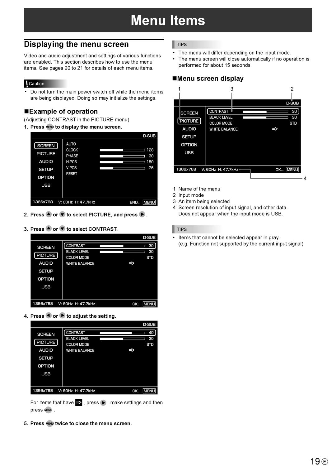 Sharp PN-T322B operation manual Menu Items, 19 E, Displaying the menu screen, NExample of operation, NMenu screen display 