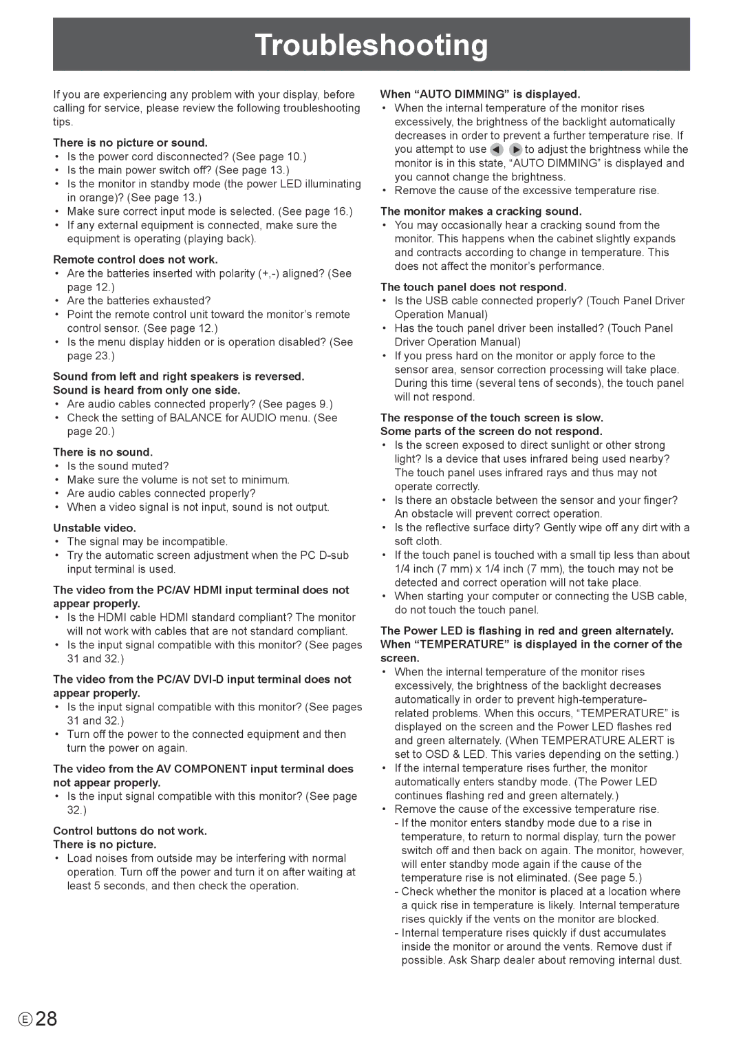 Sharp PN-T322B operation manual Troubleshooting 