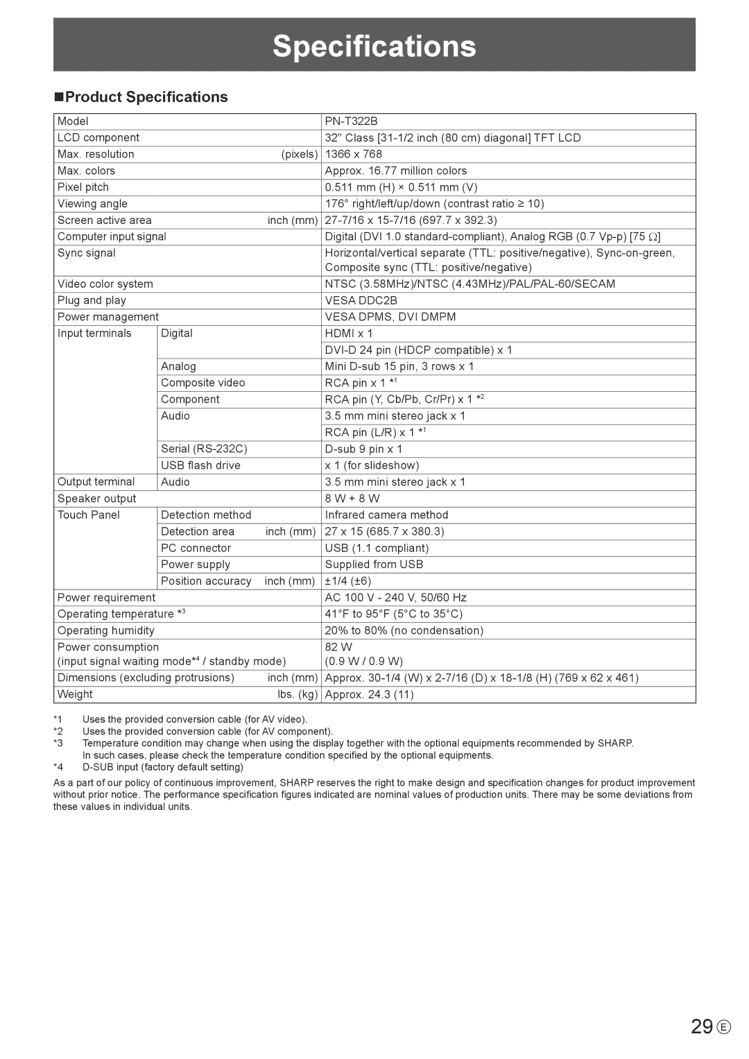 Sharp PN-T322B operation manual 29 E, NProduct Specifications 