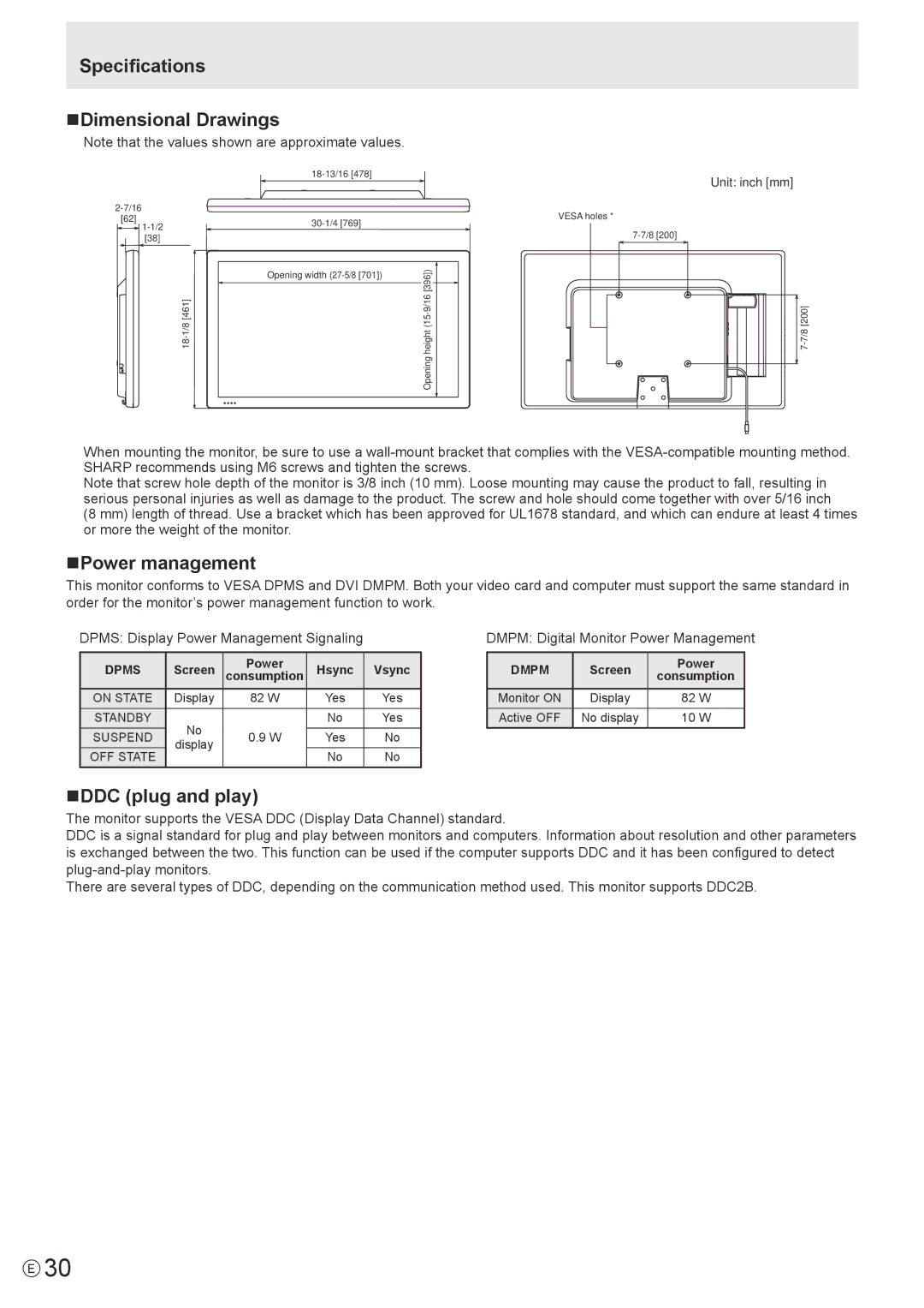 Sharp PN-T322B operation manual Specifications NDimensional Drawings, NPower management, NDDC plug and play 