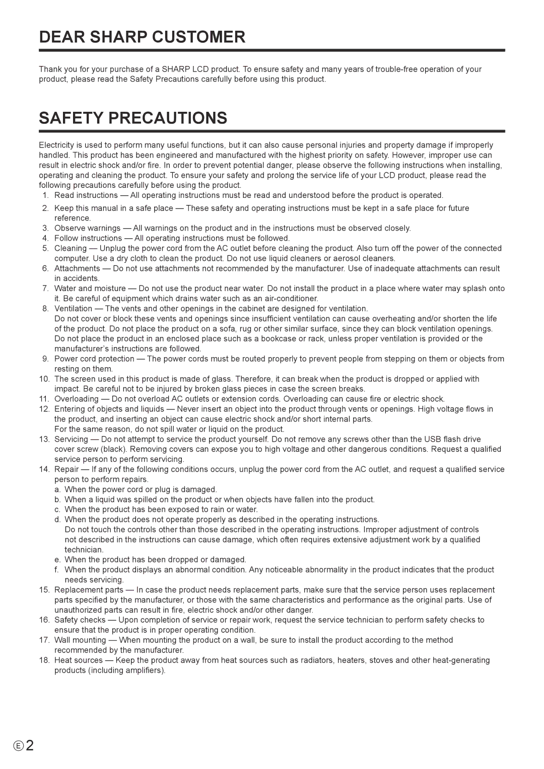 Sharp PN-T322B operation manual Dear Sharp Customer 