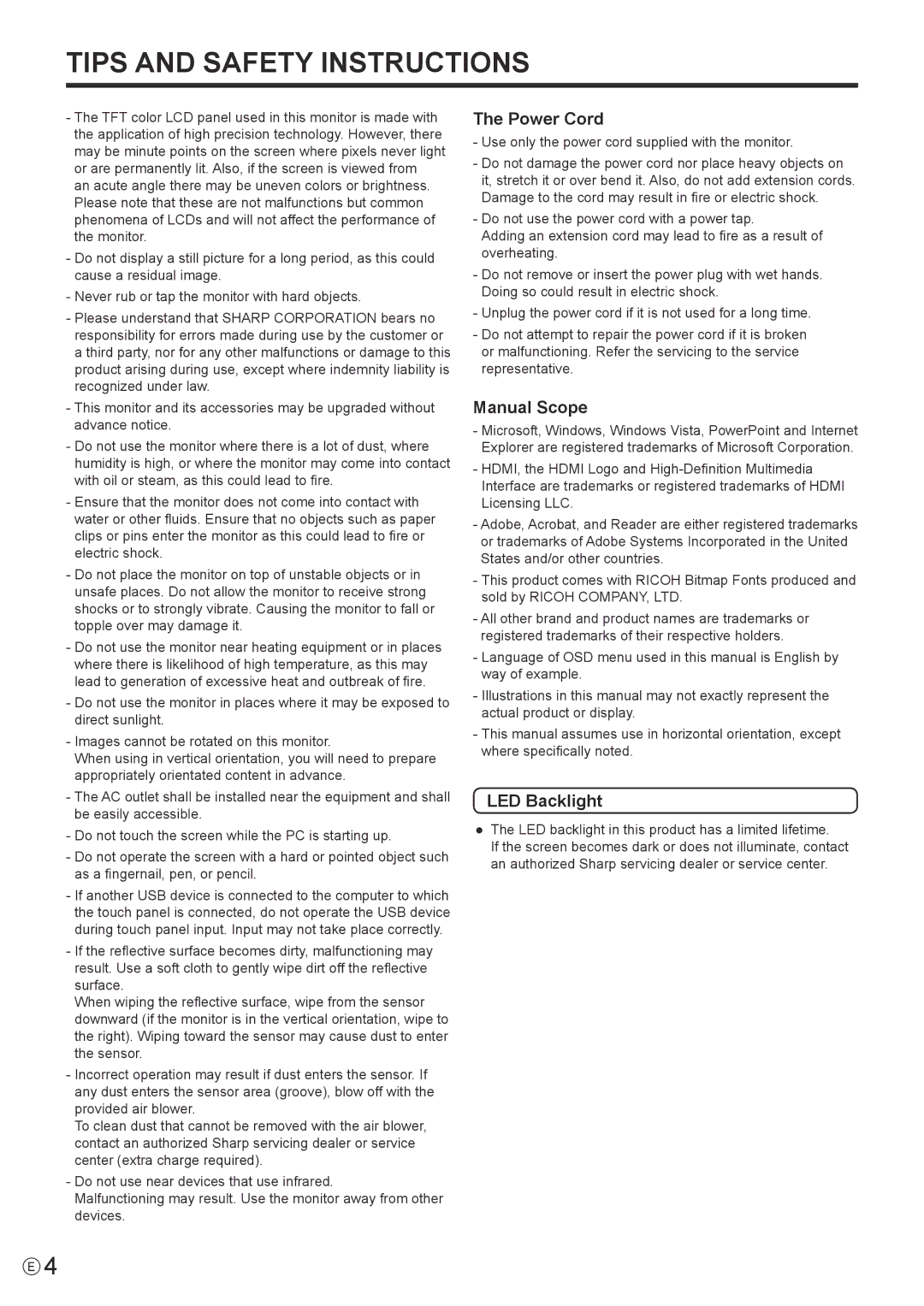 Sharp PN-T322B operation manual Tips and Safety Instructions 