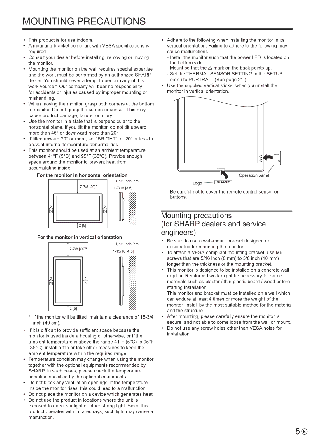 Sharp PN-T322B operation manual For the monitor in horizontal orientation, For the monitor in vertical orientation 