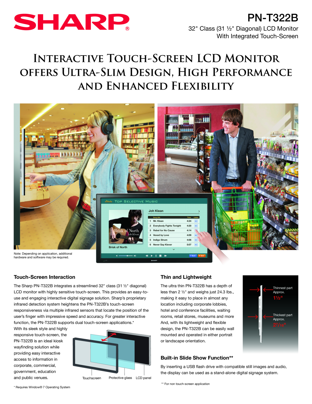Sharp PN-T322B manual Touch-Screen Interaction, Thin and Lightweight, Built-in Slide Show Function, 27/16 