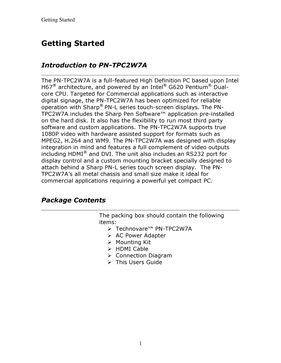 Sharp PNTPC2W7A manual Getting Started, Introduction to PN-TPC2W7A 