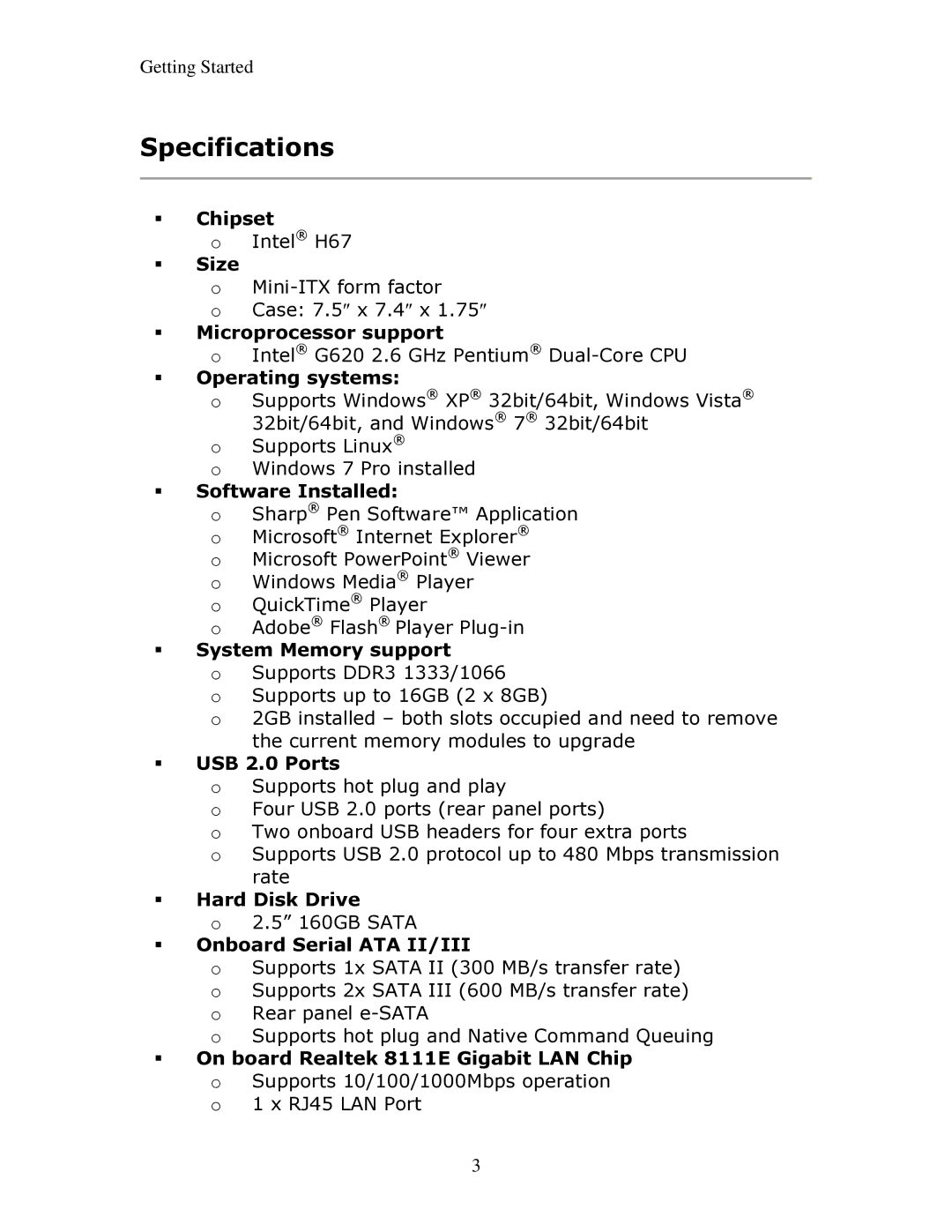 Sharp PN-TPC2W7A, PNTPC2W7A manual Specifications 