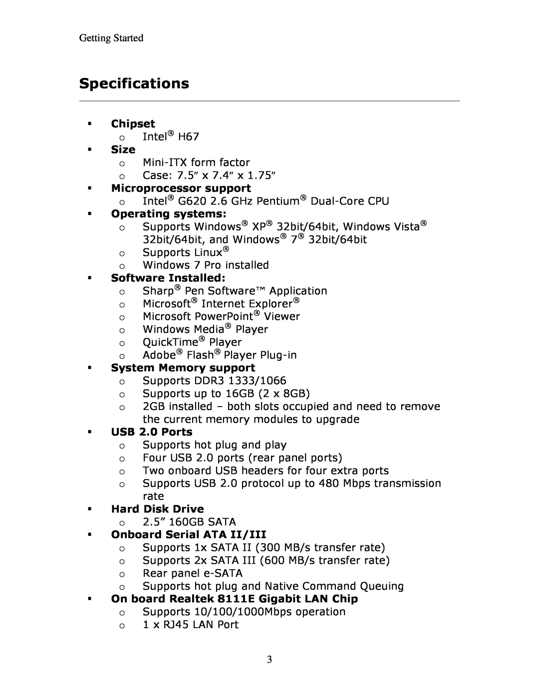 Sharp PN-TPC2W7A, PNTPC2W7A manual Specifications 