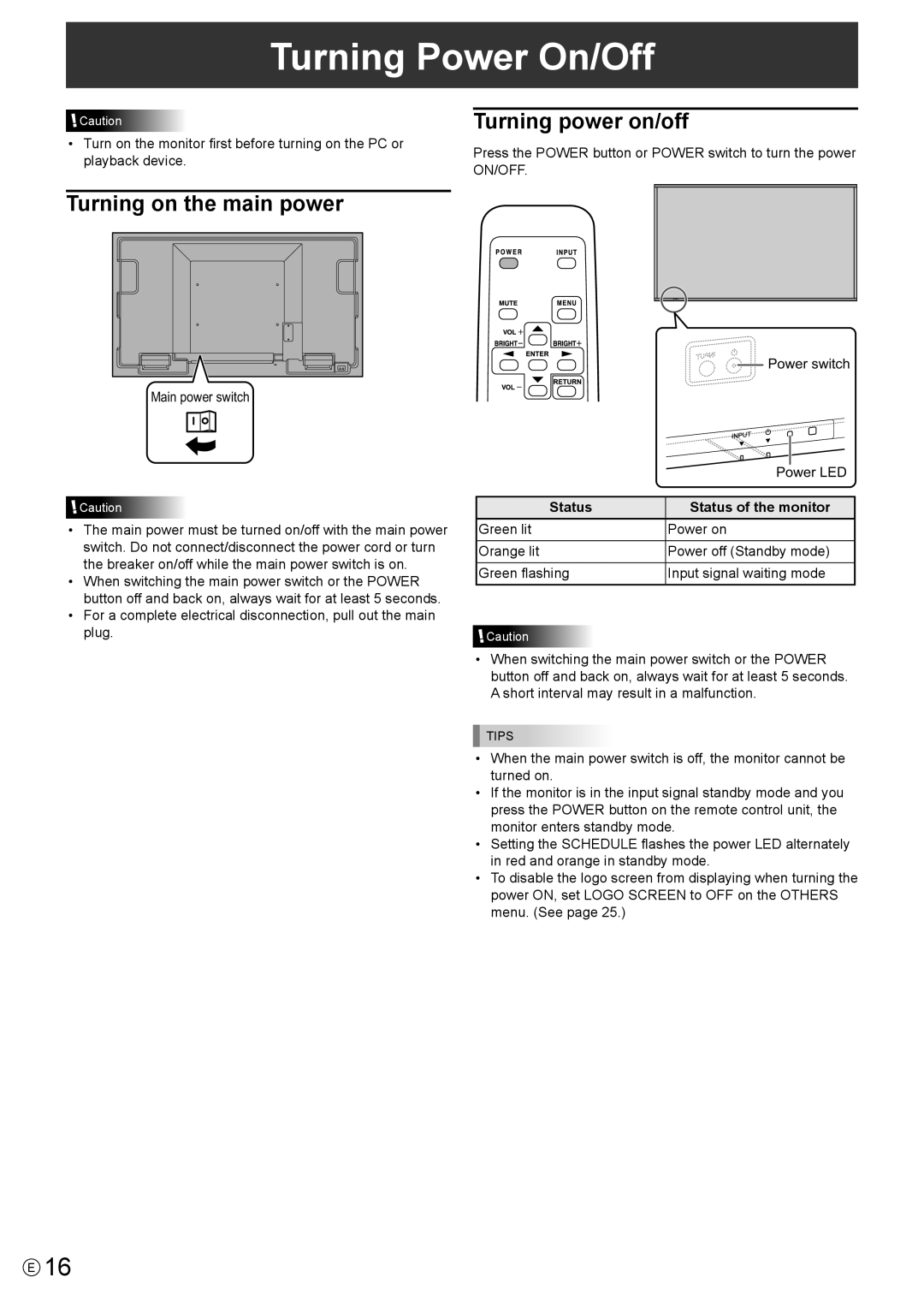 Sharp PN-U553, PN-U473 Turning Power On/Off, Turning on the main power, Turning power on/off, Status Status of the monitor 