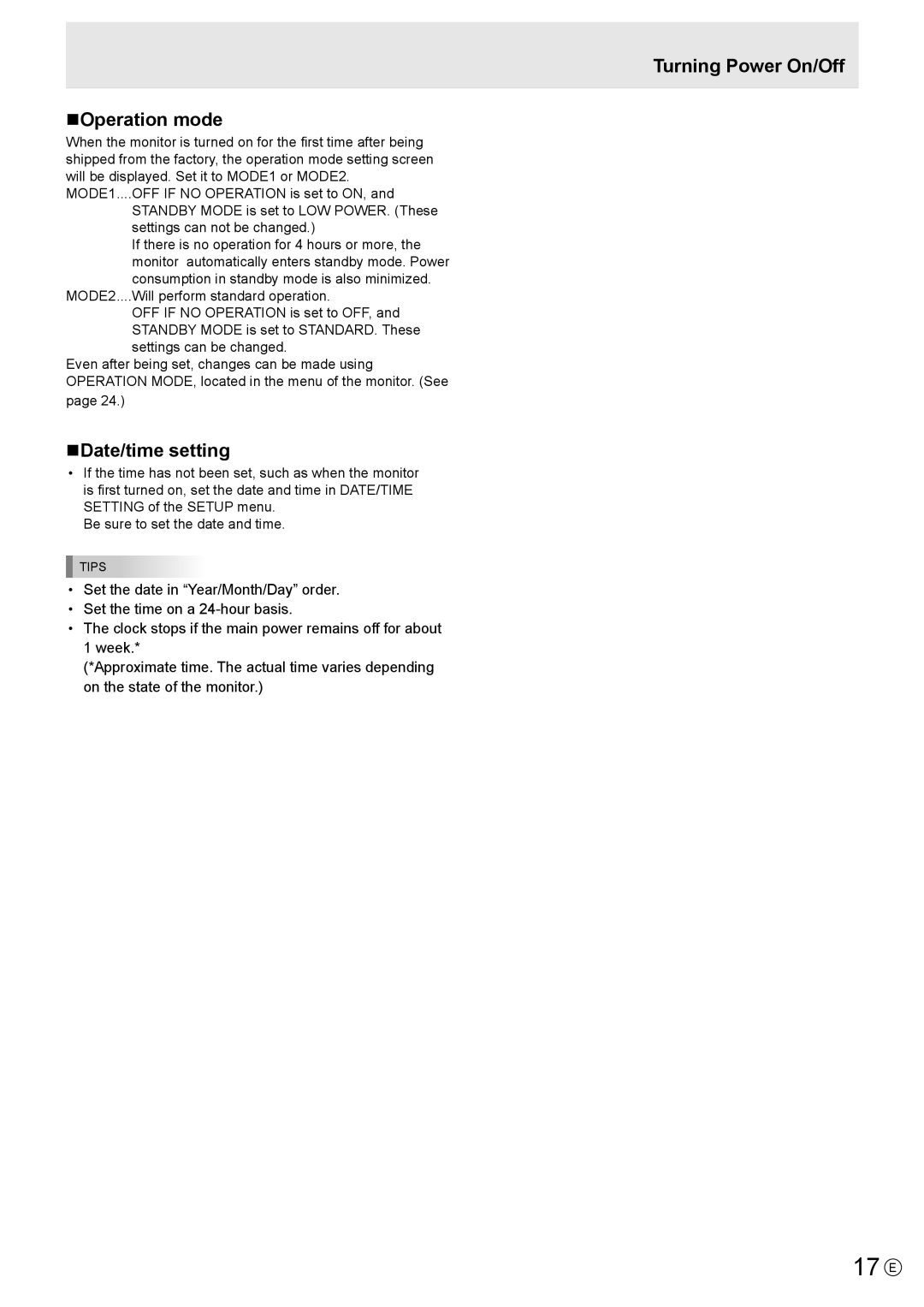 Sharp PN-U423, PN-U473, PN-U553 operation manual 17 E, Turning Power On/Off NOperation mode, NDate/time setting 