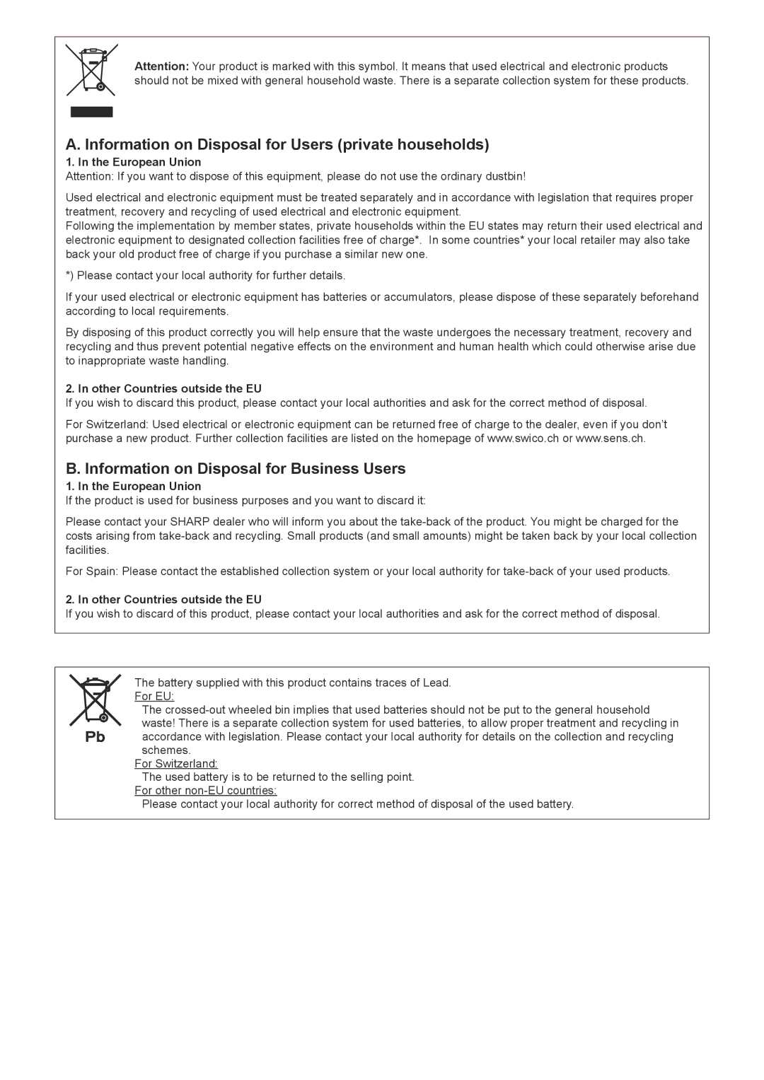 Sharp PN-U423, PN-U473 Information on Disposal for Users private households, Information on Disposal for Business Users 