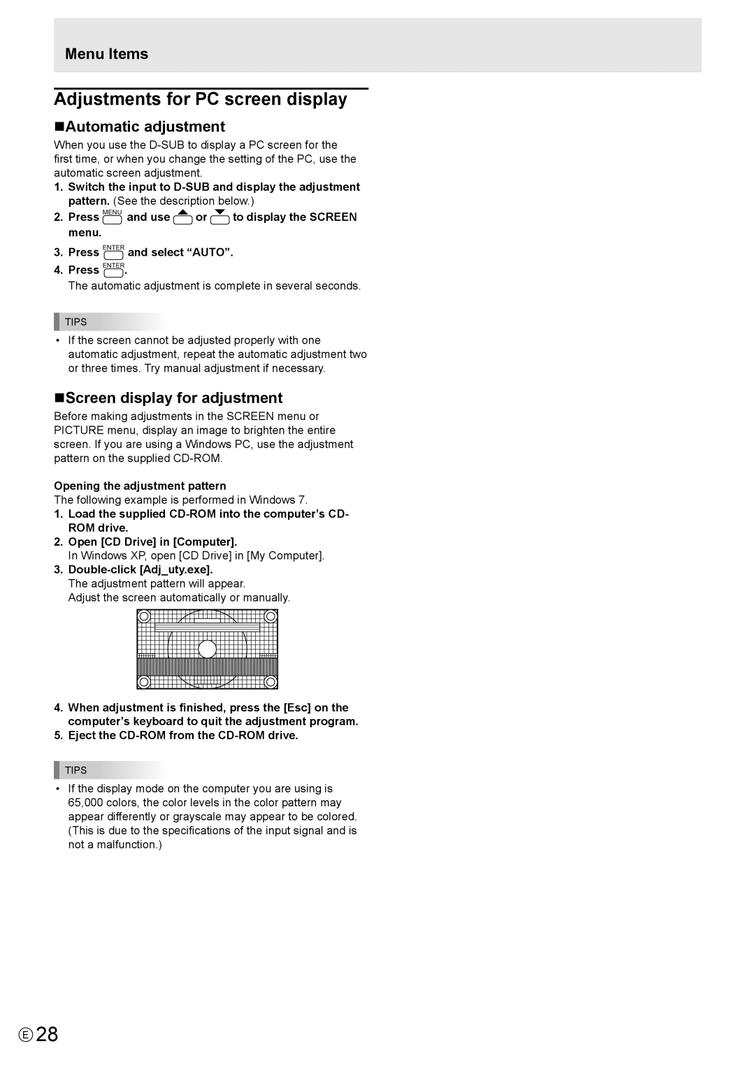 Sharp PN-U553, PN-U473, PN-U423 Adjustments for PC screen display, NAutomatic adjustment, NScreen display for adjustment 