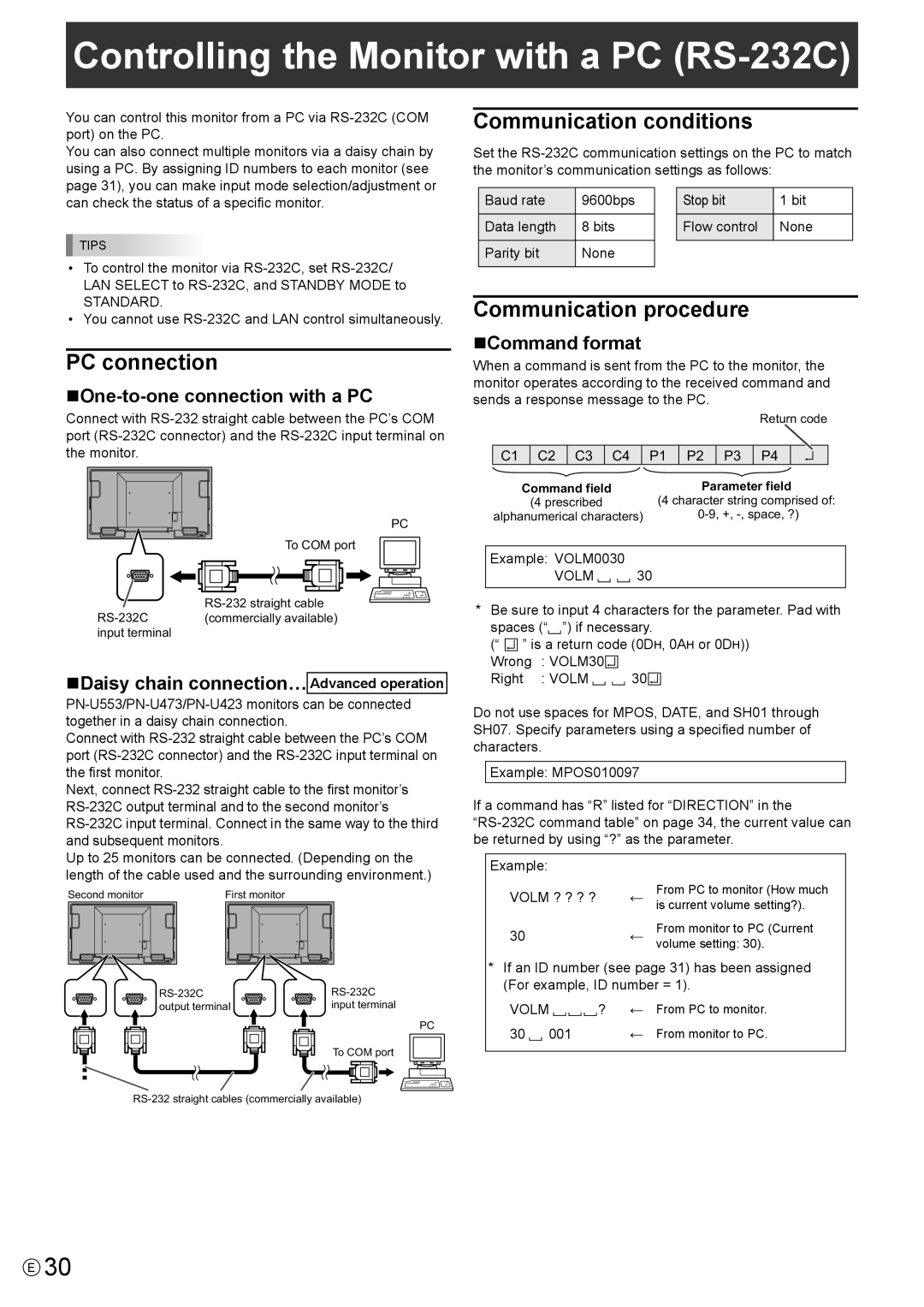 Sharp PN-U473 Controlling the Monitor with a PC RS-232C, Communication conditions, Communication procedure PC connection 