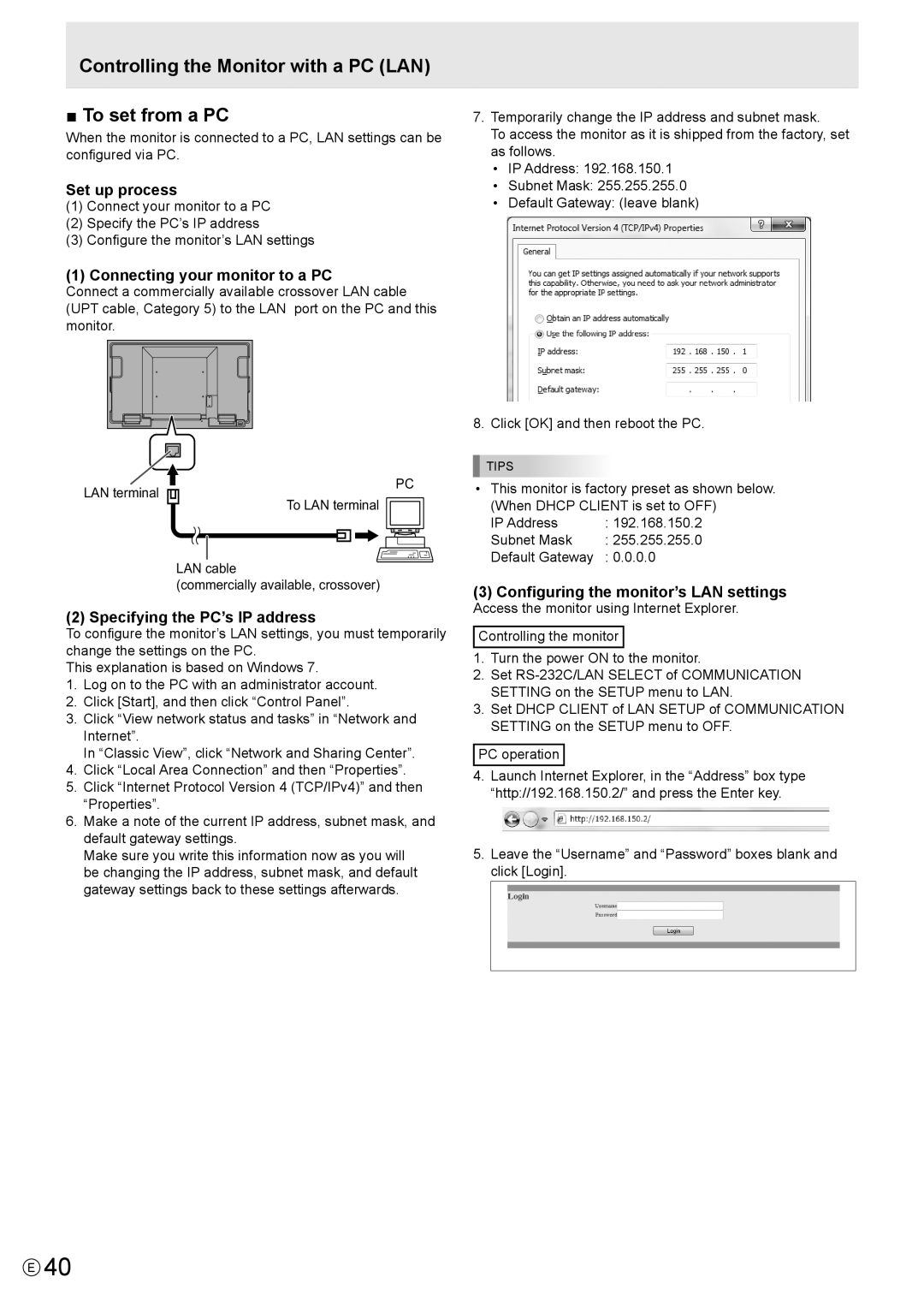 Sharp PN-U553, PN-U473, PN-U423 operation manual Controlling the Monitor with a PC LAN To set from a PC, Set up process 