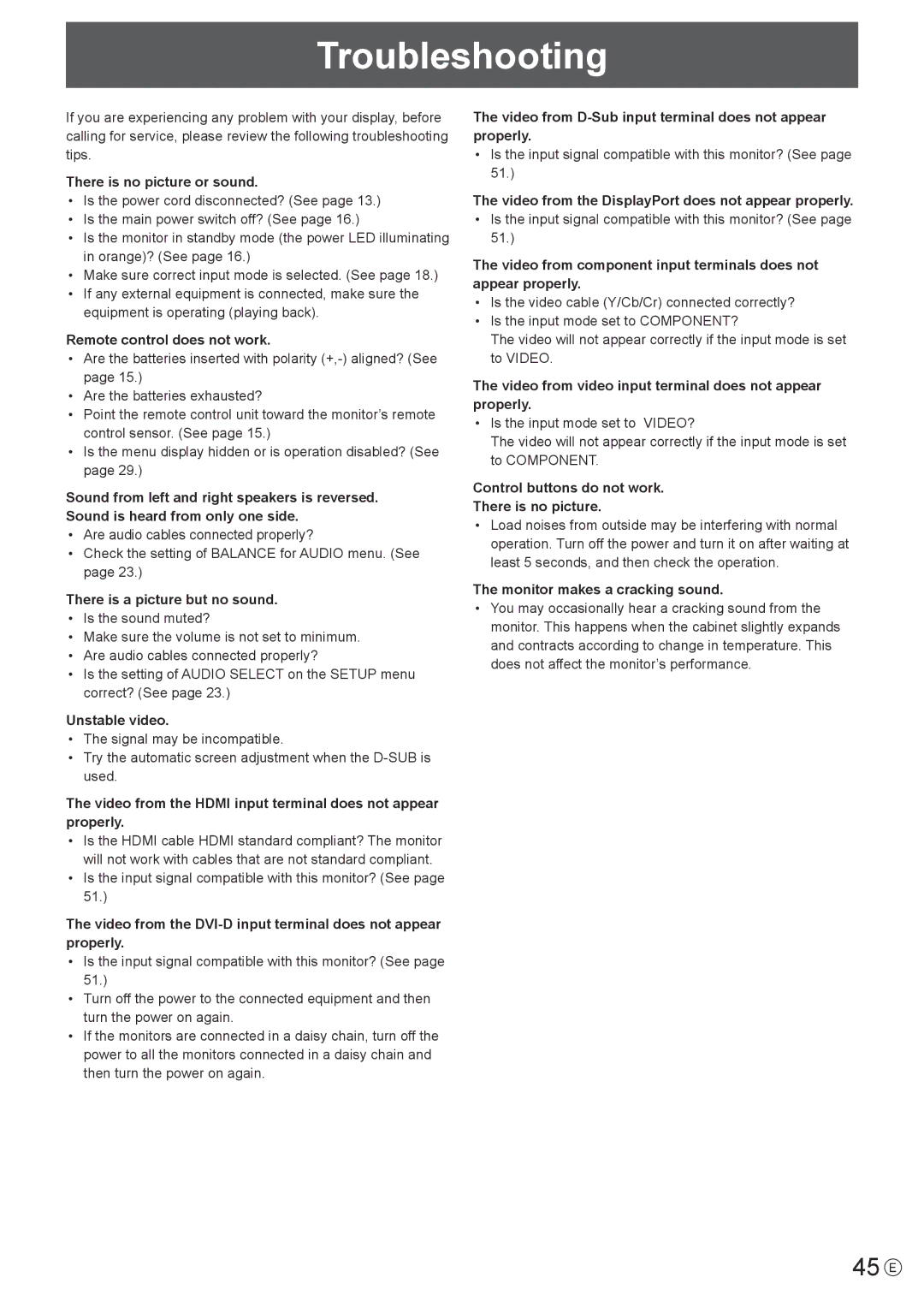 Sharp PN-U473, PN-U553, PN-U423 operation manual Troubleshooting, 45 E 