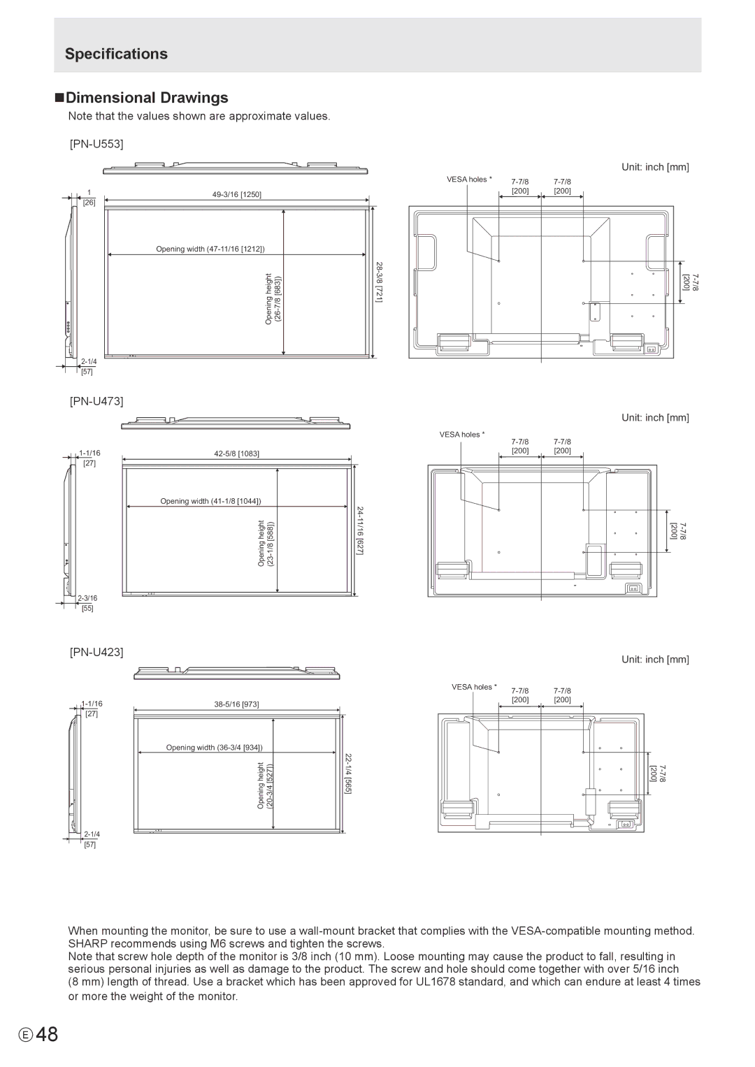 Sharp PN-U473, PN-U553, PN-U423 operation manual Specifications NDimensional Drawings 