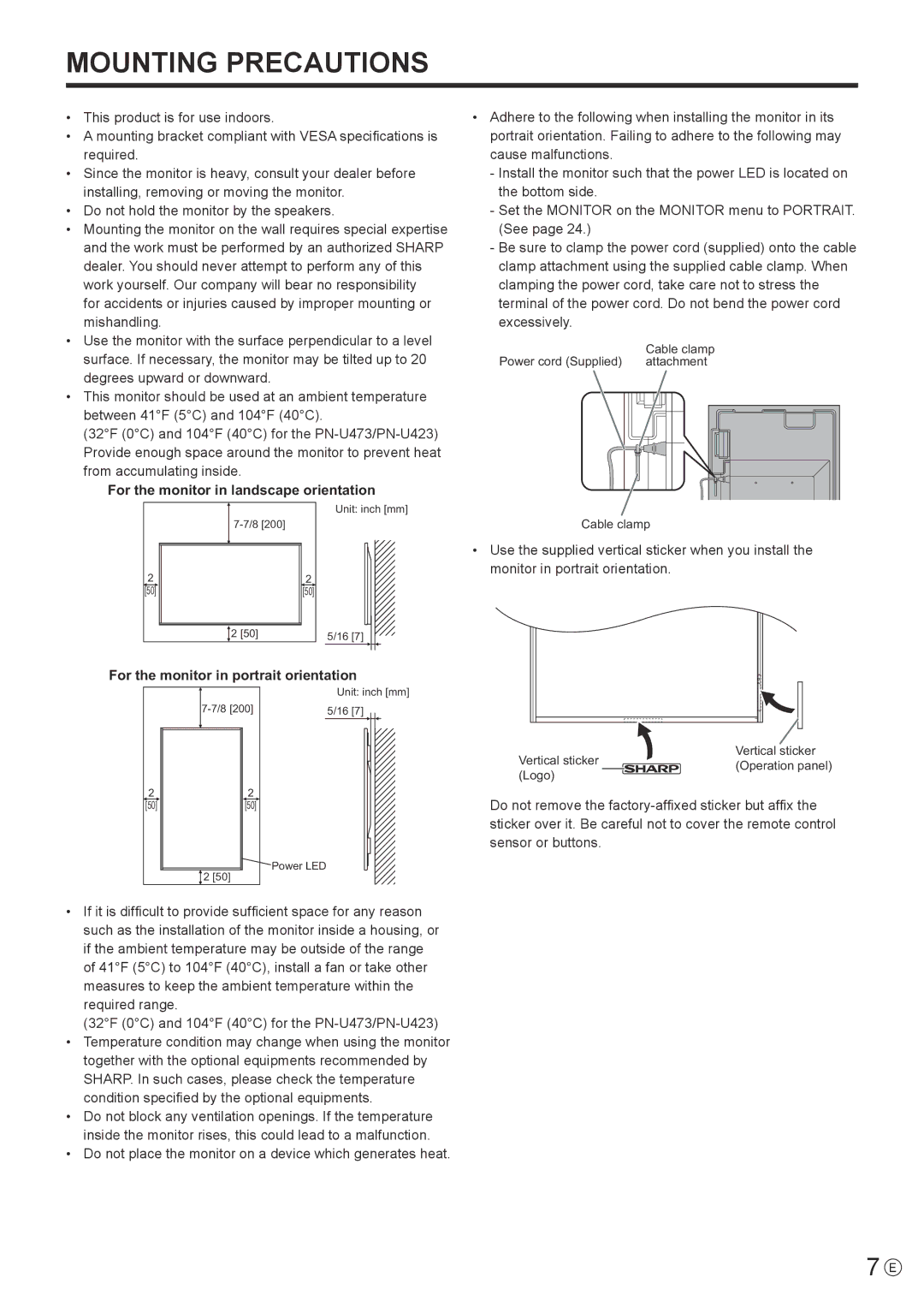 Sharp PN-U553, PN-U473, PN-U423 For the monitor in landscape orientation, For the monitor in portrait orientation 