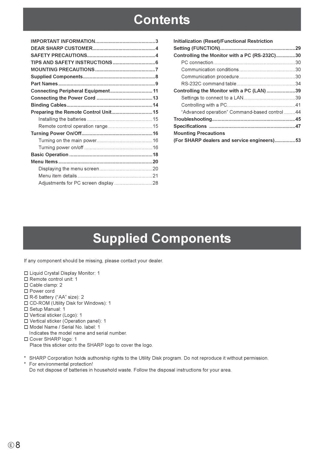 Sharp PN-U423, PN-U473, PN-U553 operation manual Contents, Supplied Components 