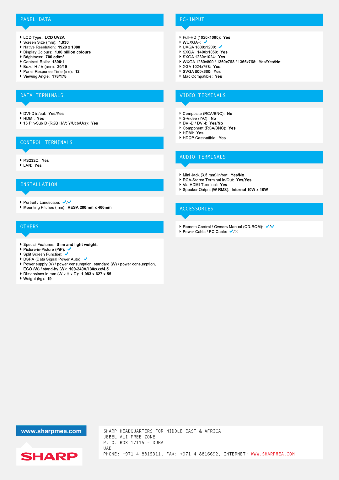 Sharp PN-U473 Panel Data PC-INPUT, Data Terminals, Control Terminals, Installation, Others, Video Terminals, Accessories 