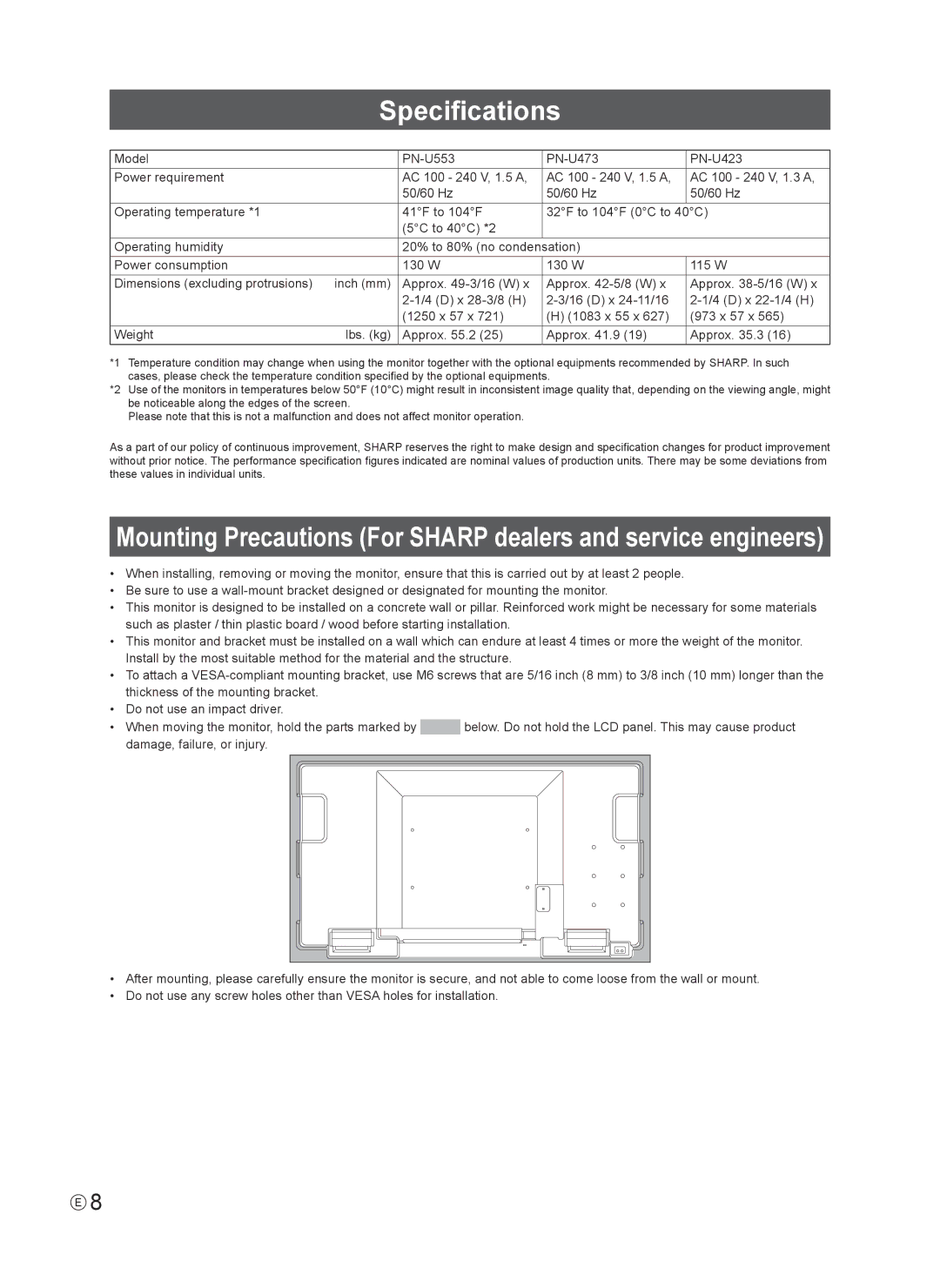 Sharp PN-U553 installation manual Specifications 