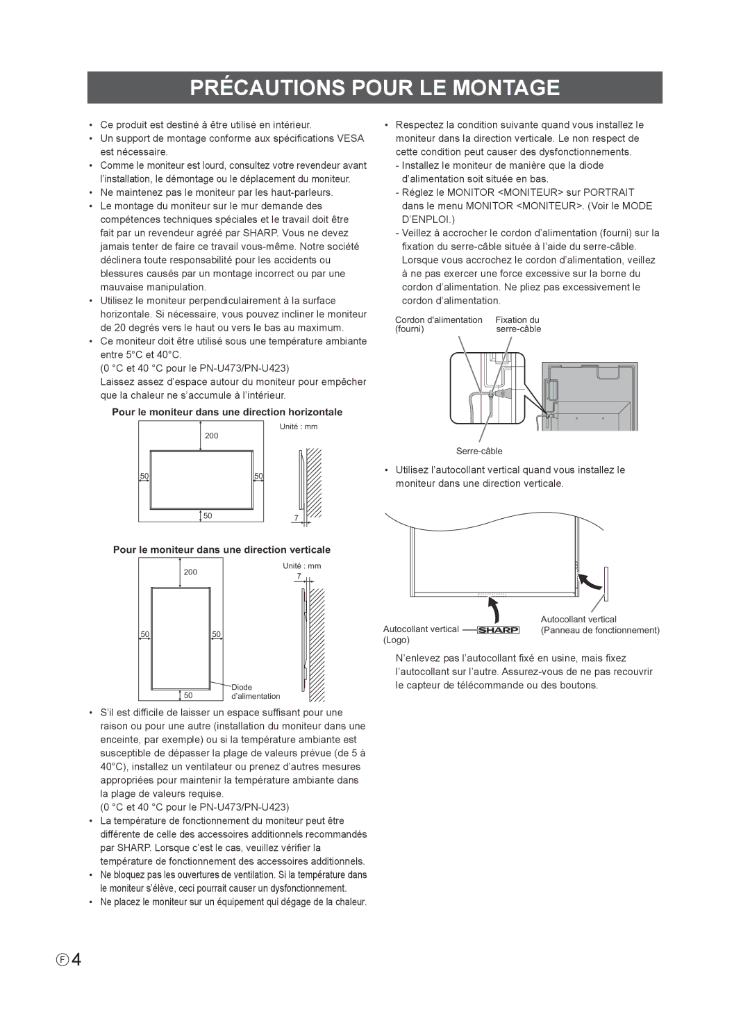 Sharp PN-U553 installation manual Précautions Pour LE Montage, Pour le moniteur dans une direction horizontale, ’Enploi 