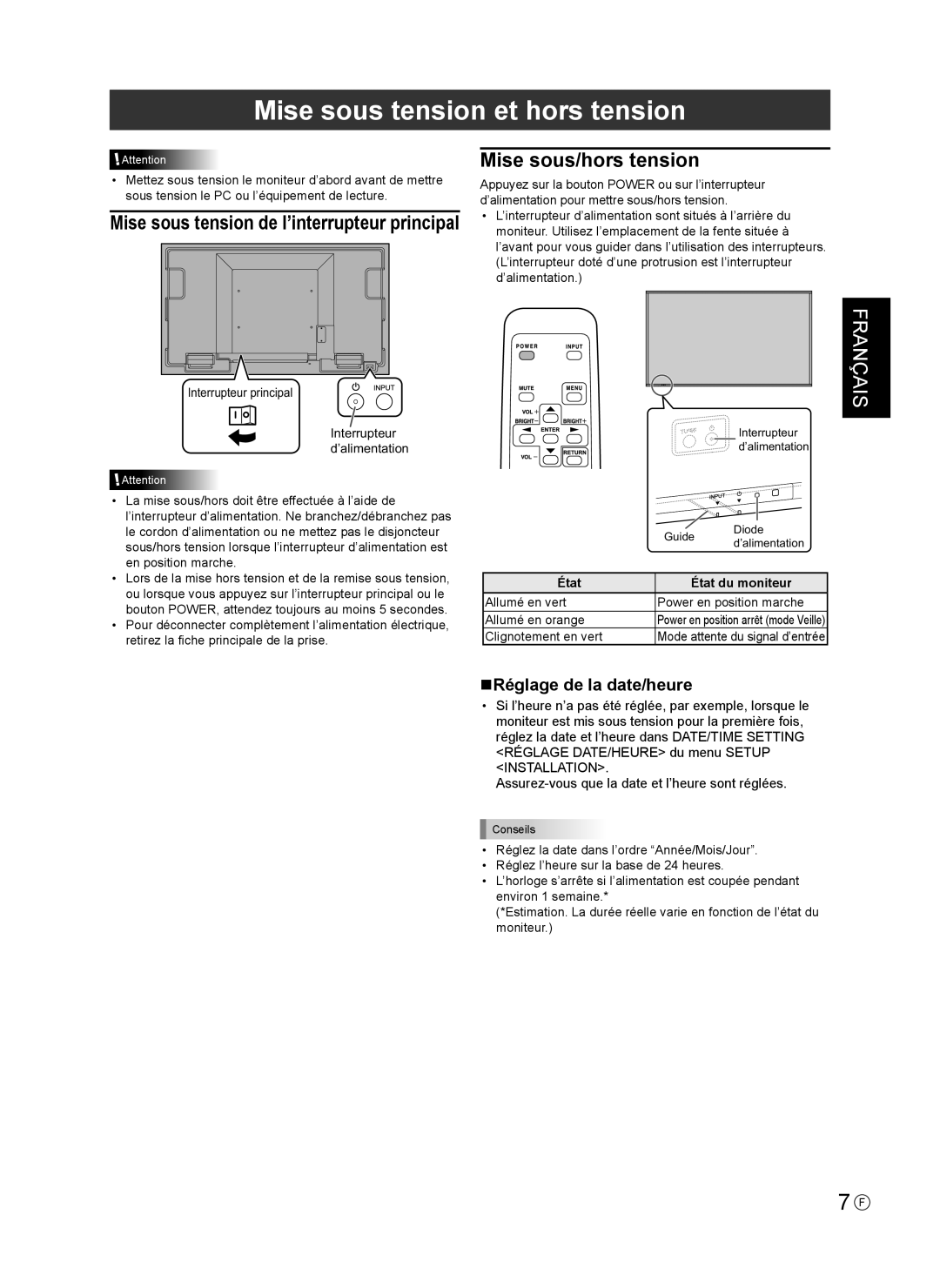 Sharp PN-U553 installation manual Mise sous tension et hors tension, État État du moniteur 