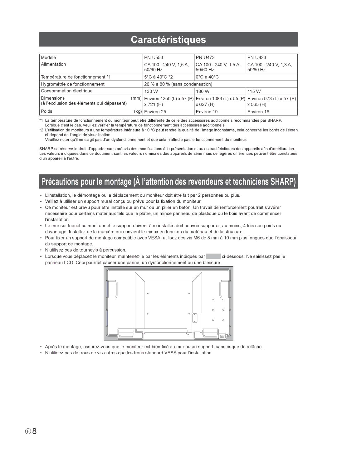 Sharp PN-U553 installation manual Caractéristiques, 721 H 627 H 565 H Poids Environ 