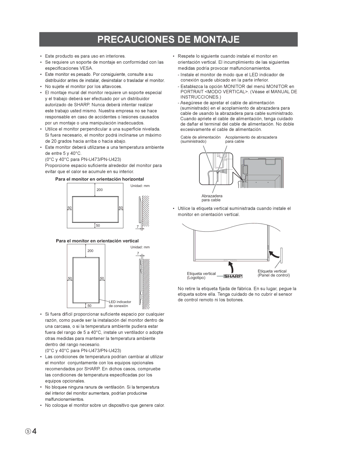 Sharp PN-U553 Precauciones DE Montaje, Para el monitor en orientación horizontal, Para el monitor en orientación vertical 