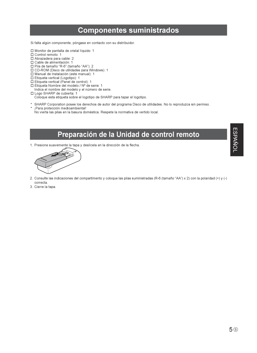 Sharp PN-U553 installation manual Componentes suministrados, Preparación de la Unidad de control remoto 