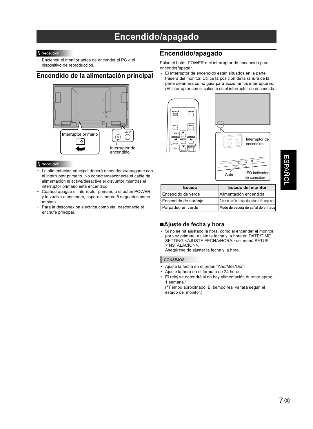 Sharp PN-U553 installation manual Encendido/apagado, Estado Estado del monitor 