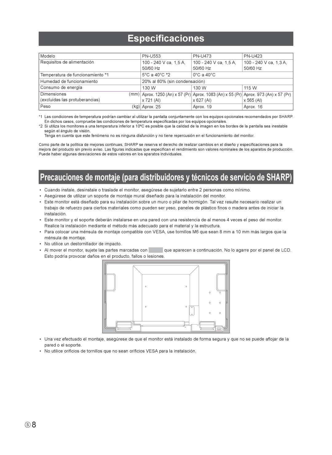 Sharp PN-U553 installation manual Especificaciones 