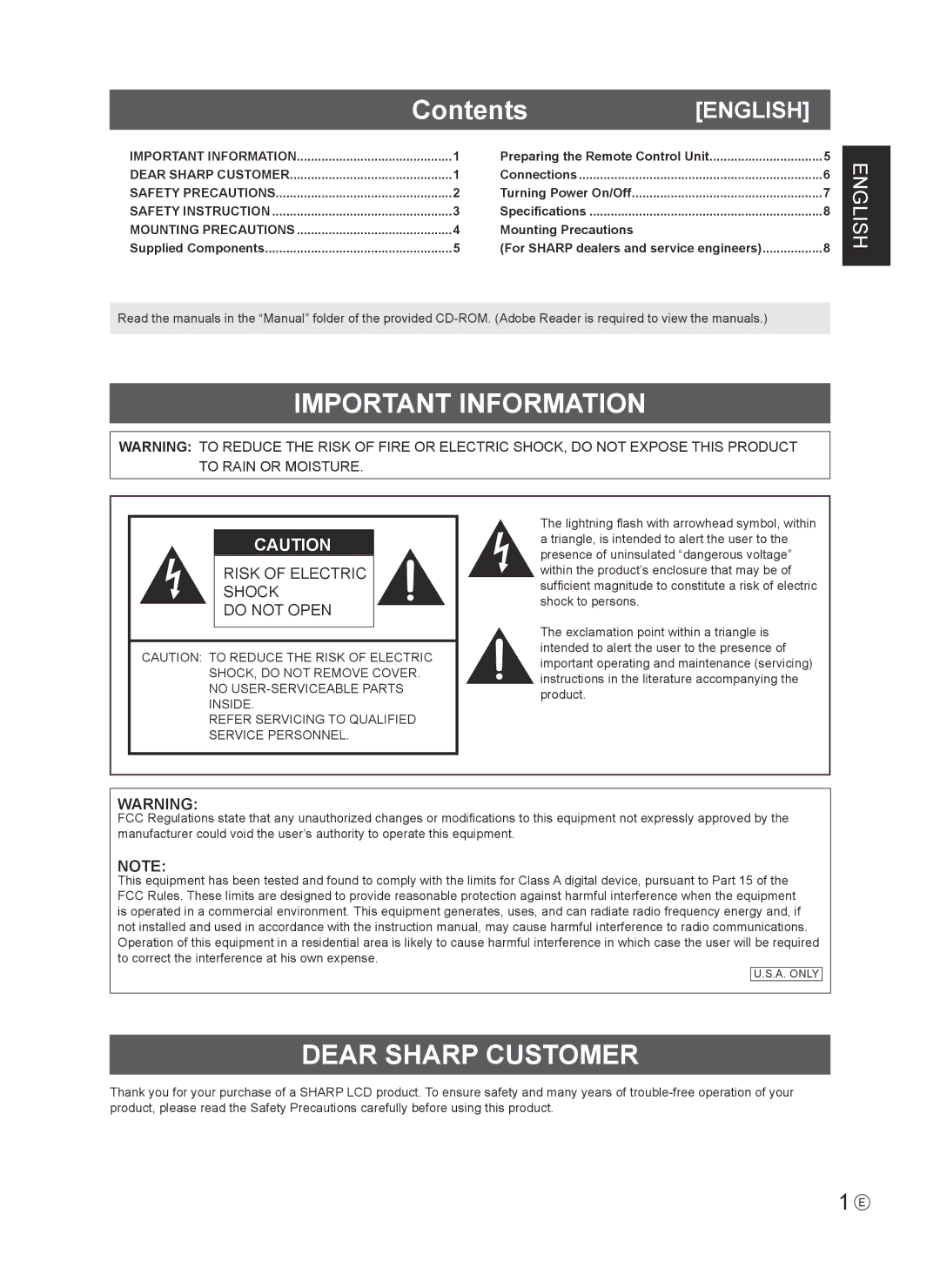 Sharp PN-U553 installation manual Contents, Important Information, Dear Sharp Customer 