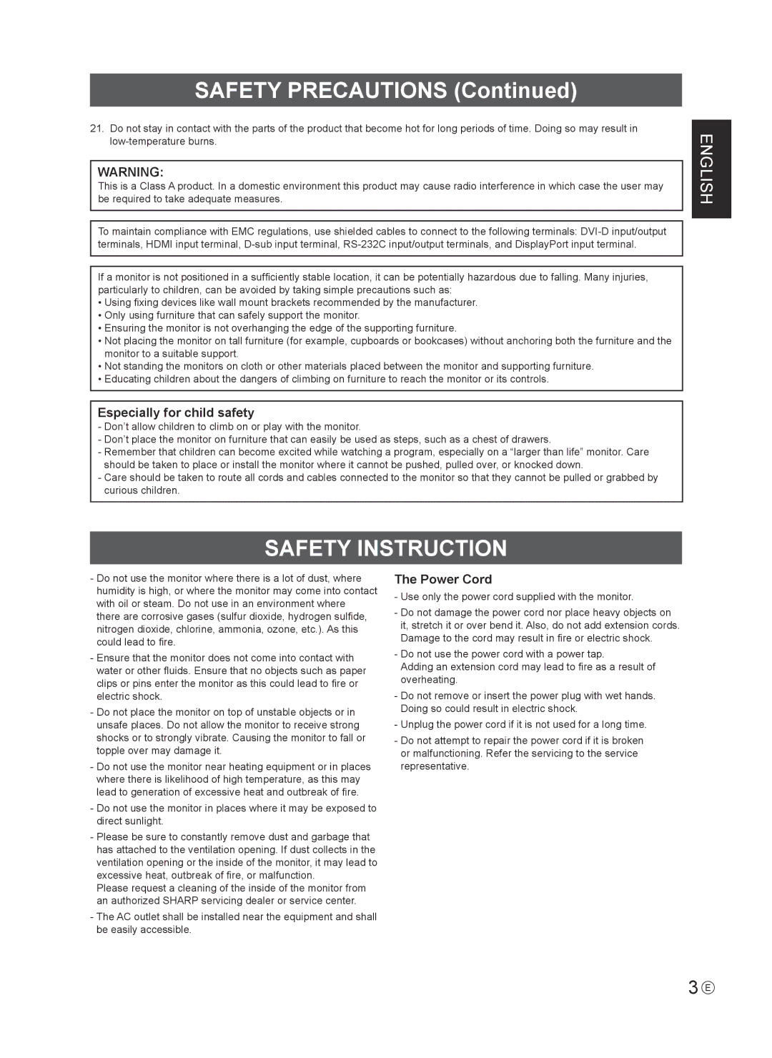 Sharp PN-U553 installation manual Safety Precautions, Safety Instruction 