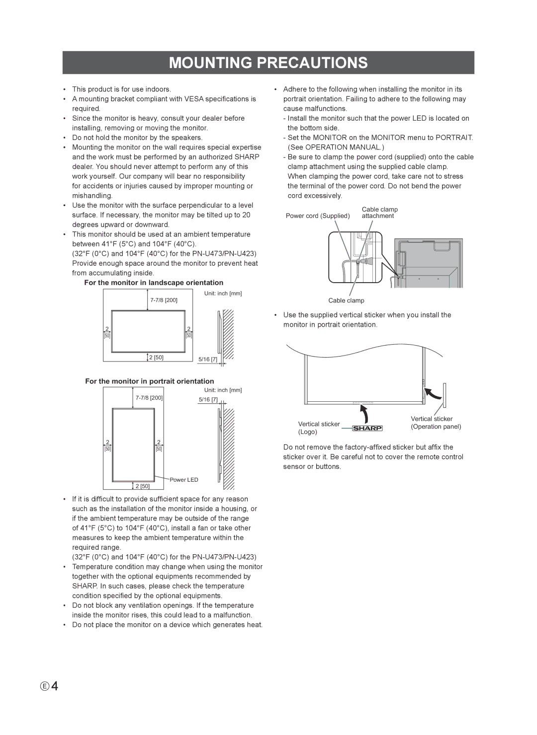 Sharp PN-U553 Mounting Precautions, For the monitor in landscape orientation, For the monitor in portrait orientation 