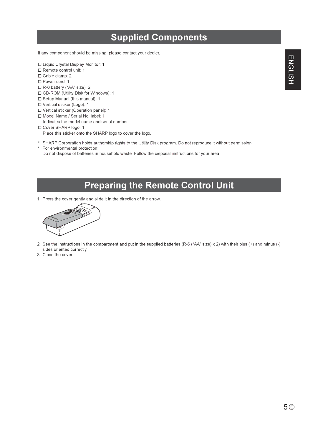 Sharp PN-U553 installation manual Supplied Components, Preparing the Remote Control Unit 